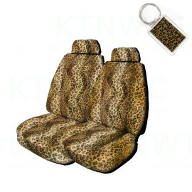 A Set of 2 Universal Fit Animal Print Low Back Bucket Seat Covers and 1 Key Fob - Leopard Tan