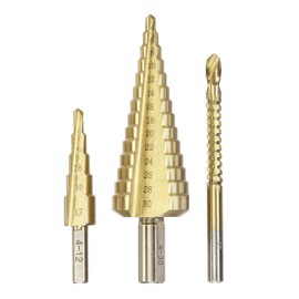 kwb Step Drill Bit Set with Milling Drill Bit 1 x 4 - 12 mm, 1 x 4 - 30 mm, 1 x 6 mm, Titanium Nitrided Surface
