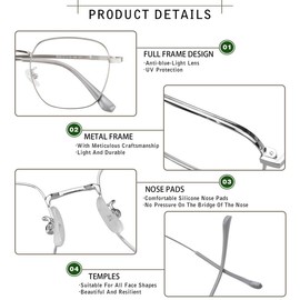 YEIN Blue Light Blocking Glasses, Phone TV Computer Gaming Glasses, Anti Eyestrain, Full Frame Glasses With Titanium For Women Men（Gray Silver，+4.00Magnification）