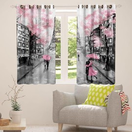 kxry Pink Paris Eiffel Tower Blackout Curtains for Bedroom Living Room French Style Darkening Grommet Curtain 63 Inches Long Window Drapes Treatment Room Decor,2 Panels Set, 42''W x 63''L
