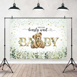 Joliaco Green Bear Baby Shower Backdrop We Can Bearly Wait Background Green Leaves Bear Baby Shower Party Decorations Photo Booth Props (7x5ft)