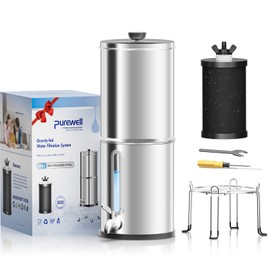 Purewell 1.0 Gallon Portable Gravity Water Filter System, 4-Stage 0.01μm Ultra-Filtration Countertop System with Water Level Window and Stand, Reduce Fluoride & Chlorine, for Camping, RVing (PW-1G-KF)