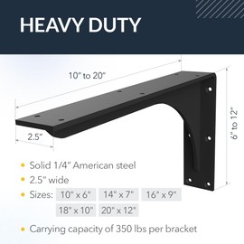 IRONSUPPORTS.COM Iron Supports Front Mount Heavy-Duty Bench Bracket - Wall Mounted Steel Support Brackets for Wall Bench, Floating Bench, Work Bench (Matte Black - 16"" Deep x 9"" High)