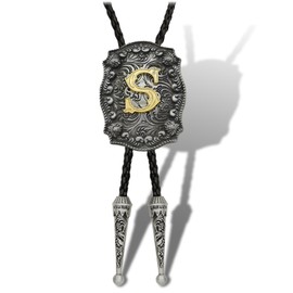 Yjfeshion Western Bolo Tie Golden Initial Letter ABJR to XYZ Cowboy Necktie Handmade Leather Bolo Tie for Men Women S