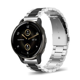SumRioo 22 mm Strap for Garmin Venu 3/Venu 2/Vivoactive 4, Metal Stainless Steel Band for Garmin Forerunner 265/255/255 Music, Silver/Black