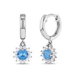 925 Sterling Silver Clear & Blue Cubic Zirconia Flower Dangle Hoop Earrings for Girls & Teens - Beautiful CZ Floral Jewelry for Nature Loving Little Girls - Adorable Flower Earrings