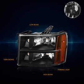 PM PERFORMOTOR PMHL-GMCS-0713-BA Black Housing Amber Corner Pair of Headlights Replacement Compatible with 07-13 GMC Sierra 1500/07-14 Sierra 2500 HD 3500 HD