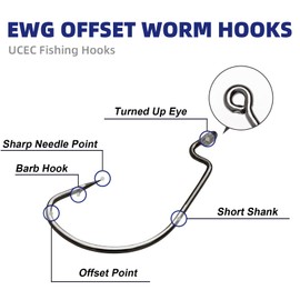 UCEC Fishing Hooks, 100pcs EWG Offset Worm Hooks, Bass Hooks, Wide Gap, Size:#1 1/0 2/0 3/0 4/0 5/0