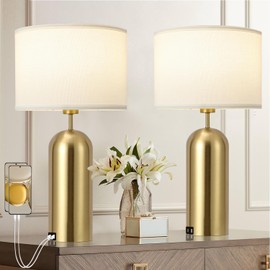 MoMyofdy Gold Lamps Set of 2 Touch Control 3-Way Dimmable Bedside Nightstand Lamps Bedroom Lamps Modern White& Gold Table Lamp with USB Type C Ports Tall Lamps for Living Room End Table Home Office