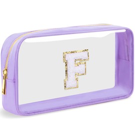 LOFOWN Initial Clear Makeup Bag Small Cosmetic Bag Travel Toiletry Bag Clear Zipper Pouch Purse Organizer Bags for Women, Purple-M, F, Initial Makeup Bag