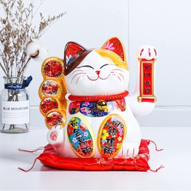 DongAi 10 Inch Ceramic Lucky cat Waving Arm Feng Shui Ornament Cute Lucky Cat Feng Shui Crafts Suitable for Shop Restaurant Living Room Home Decoration