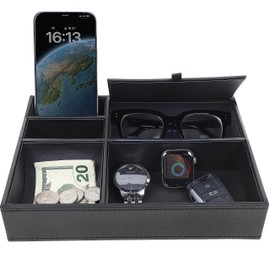 Zcaukya Men's Valet Tray, Jewelry Box Nightstand Organizer with 5 Compartments for Phone Keys Wallet Watch Glasses, Faux Leather Dresser Entryway Catchall Holder for Father's Day Gift (Black)