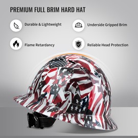 ProtectX Full Brim Hard Hat Ventilated Construction Helmet OSHA Approved Safety Hard Hat Made of Fiberglass 6-Point Suspension Protective Gear Premium American Flag Design
