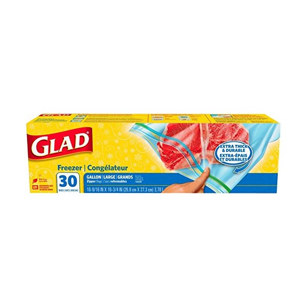 Glad Zipper Freezer Storage Plastic Bags, Gallon, 30 Count (Packaging May Vary)