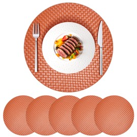 AuraNestle Placemats Set of 6, Double Decker Faux Weaving Leather Round Place Mats, Heat Resistant Waterproof Oil-Proof Non-Slip, Wipeable Washable Kitchen Dining Table Mats (36cm, Orange)