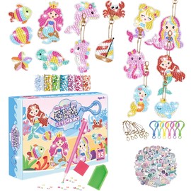 Kit de Pintura de Diamantes para Niños, 15 Diamond Painting y 50 Pegatinas, Pegatinas de Pintura de Diamantes con Herramientas de Pintura, Llaveros DIY Artes y Manualidades para Niñas (Sirena)