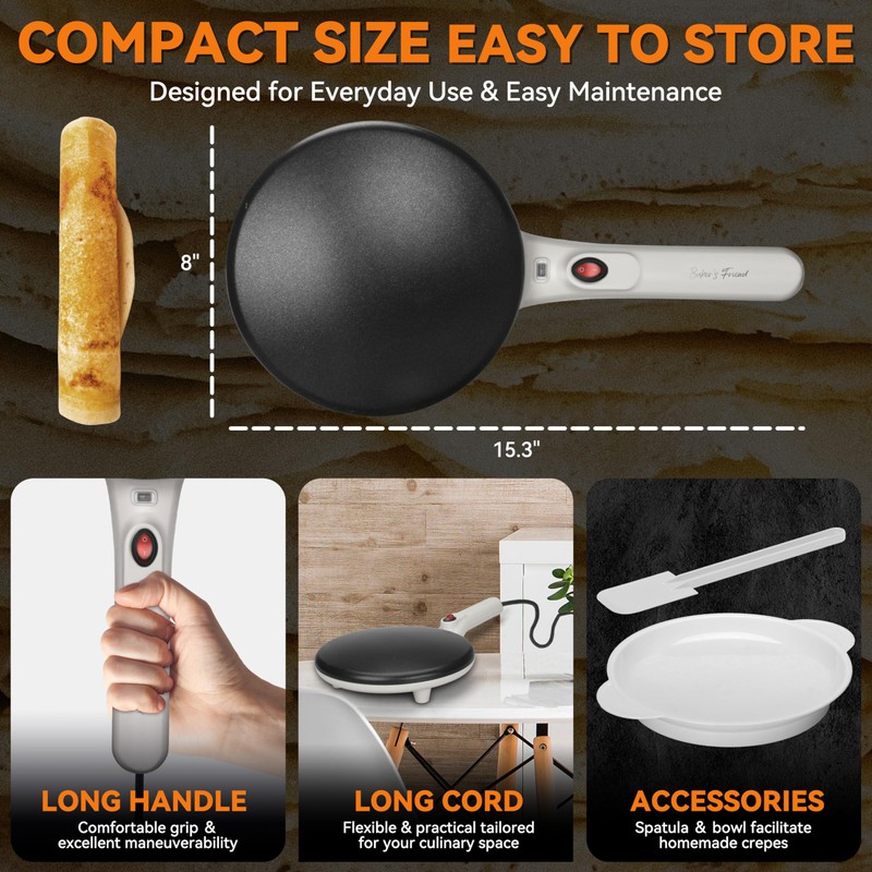 Baker's Friend Instant Crepe Maker with Handle, Electric Crepe Maker