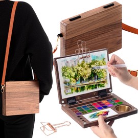 Affrolling 27 Grid Portable Wooden Watercolor Palette Set Ravel Paint Tray Palette as an Easel with 6 Pcs Travel Watercolor Brushes and 4 Binder Clips 1 Pcs Adjustable Shoulder Strap for Painting