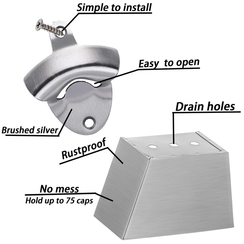 Outdoor Stainless Steel Beer Bottle Opener Wall Mounted with Cap