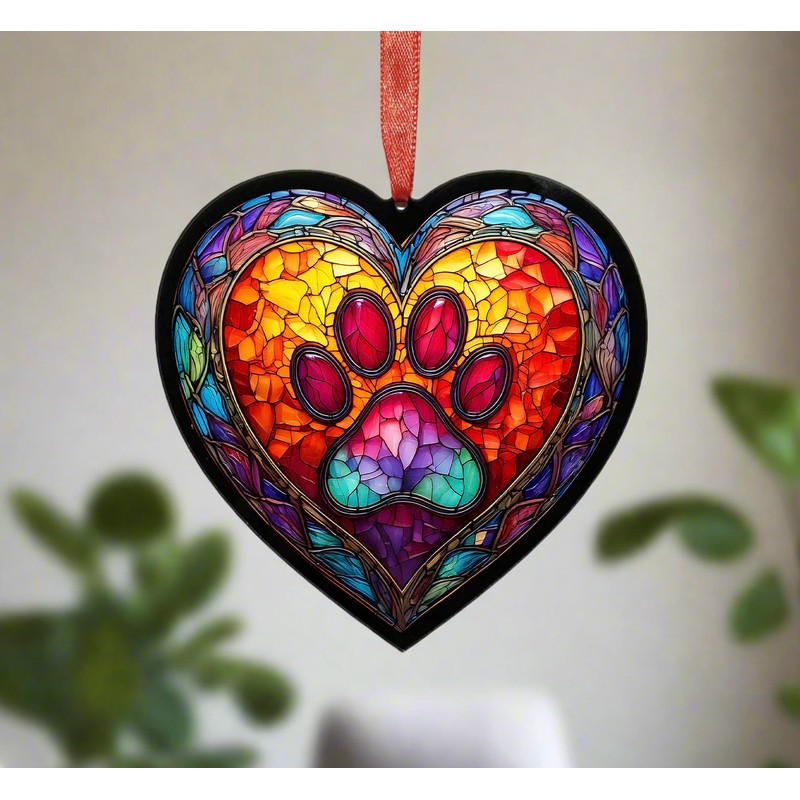 Image Industry Paw Print Stained Glass Effect Heart Suncatcher -