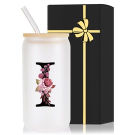 Monogrammed Glass Drinking Cup With Lid Straw Women Thank you Appreciation Gratitude Gifts Female Teacher End of Year School Bus Driver Nurse Pastor Team Mom Coach Crossing Guard Scout Leader Doctor,I