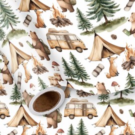 LeZakaa Camping Wrapping Paper Roll, Cute Animal Camping Design with Bear Tent Trees Trailers for Baby Shower Neutral Rustic Gift Wrap, Kids 1st Birthday Party, Boys Girls, Mini Roll 17 in x 16.4 Feet
