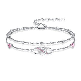 KoyeKei Infinity Heart Anklet for Women October Birthstone Layered Ankle Bracelet 925 Sterling Silver Rose Pink Tourmaline Summer Beach Jewelry Anniversary Birthday Gifts for Wife