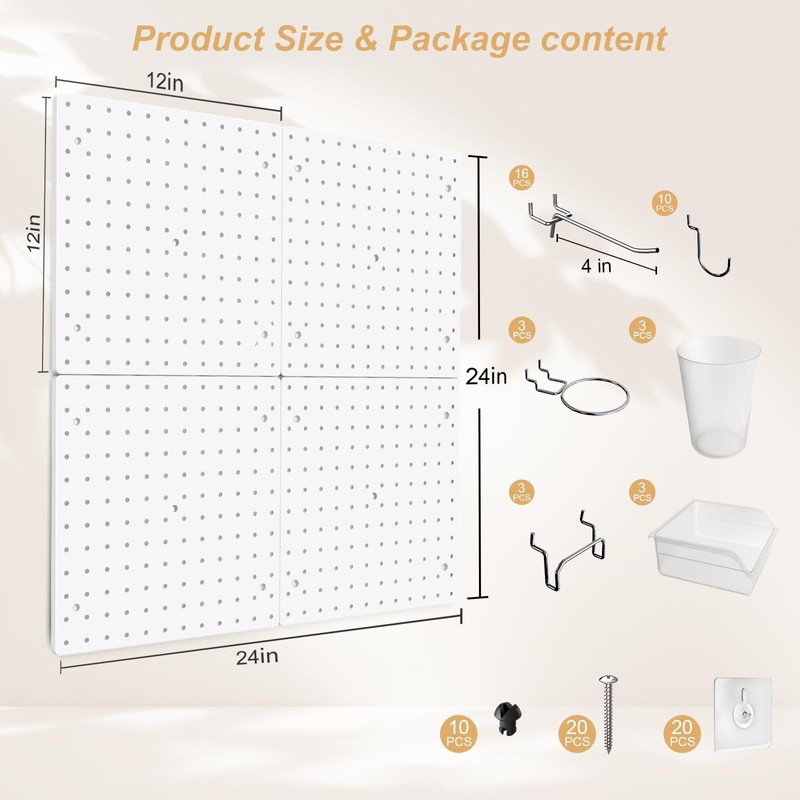 FZK Peg Board,36pcs Pegboard Kit, Includes 4 White Pegboard and