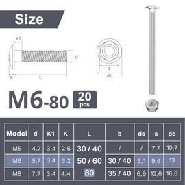 Wavanta M6 Coach Bolts, M6 x 80mm Carriage Bolts with Flange Hexagon Nuts, Zinc Plated, Carbon Steel, Coach Screws, Pack of 20