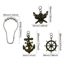 Nautical Shower Curtain Hooks, Rust Proof Stainless Steel Silver Curtain Rings, Decorative Shower Curtain Hook Set of 12 with Rudder Anchor Pirate Captain Skull Octopus Nautical Bathroom Decor(Bronze)