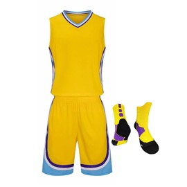 LUCKYLUAN Boys Girls Basketball Uniform Jersey Shirt and Shorts Set with Basketball Socks 5-6 Years Yellow