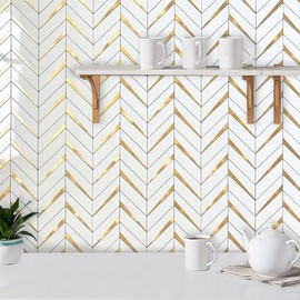 DICOFUN 10-Sheet Herringbone Tile Peel and Stick Backsplash, Polished White PVC Mixed Metal Gold Stick on Backsplash for Kitchen and Bathroom Wall