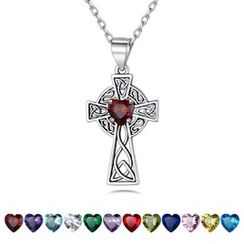Women 925 Silver Celtic Cross Pendant Necklace, Heart Birthstone January Necklace for Women Irish Cross Pendant with 18" Chain