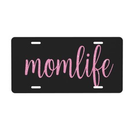 Pink Sparkle Mom Life License Plate - 6x12 Inch Aluminum Novelty Decorative Vanity Metal Front Car Plate for Women Men