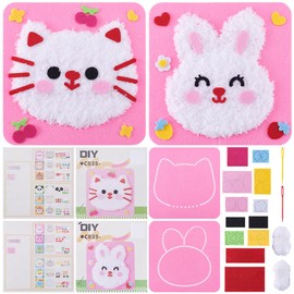 FREEBLOSS 2 Set Animal Embroidery Felt Painting Kit Creative Wool Craft Kit DIY Cartoon Cat&Rabbit Sewing Craft Kit Needle Felting Kit Knitting Animal Embroidery Kit for Beginners