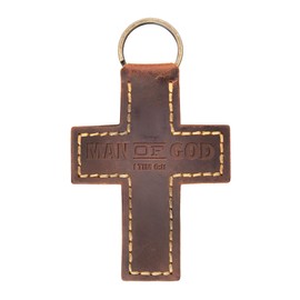 LO·GOS TRADING POST Cross Bible Keychain - Hand-Stitched Genuine Cowhide Leather Keychain Strap - Man of God 1 Tim 6:11 Stamped Scripture - Luxury Christian Bible Verse Gift Accessory for Men & Women