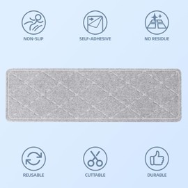 CrystalMX Stair Treads Non Slip for Wooden Steps Indoor, 4 Pack 9" X 28" Carpet Runners for Wood Stairs with Self-Adhesive Backing, Stickiness Stair Rugs for Kids Elders and Dogs, Diamond Light Grey