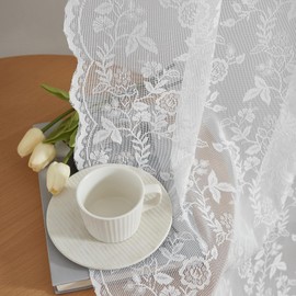 FINECITY Short Lace Curtains 36 Inch Length for Small Window, Rustic Leaf Floral Design White Lace Cafe Curtains 2 Panels, Rod Pocket Privacy Sheer Lace Curtains, 42 x 36 Inch, 1 Pair, White