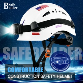SAFEBUILDER Construction Safety Helmet with Headlight Hard Hat Headlamp Adjustable Ventilation Hardhats Work Head Protection Certified ANSI/ISEA Z89.1 (White Hard Hats + B01 Head Light)