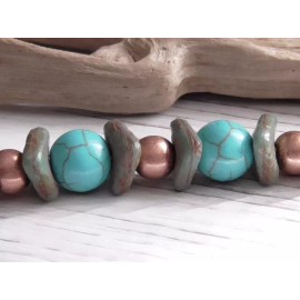 Czech 20 - 8mm CZECH TURQUOISE GREEN RUST BROWN STONE FINISH ETCHED WAVY RONDELLE BEAD