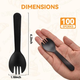 Cofimkate 100Pcs Mini Plastic Spork, 4.2 Inch Individually Wrapped Disposable Cutlery, Small Black Fork Spoon Combo for Desserts, Ice Cream, Cakes, Appetizer, To-Go & Party Use