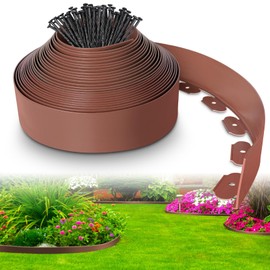 4-Inch x 33 FT Landscape Edging Border with 50 Spikes, Garden Edging Lawn Border Kit, Plastic Edging Border Flexible for Garden Flower Beds Lawn Yard Pathway (Brown)