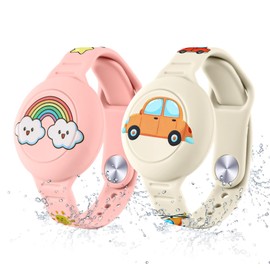 Diaclara Designed for AirTag Bracelet for Kids, Waterproof Cute Cartoon Air tag Holder, Full Coverage Anti-Lost Silicone Airtag Hidden Accessories for Child, Healthy Material (Pink & White)