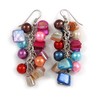Multicoloured Glass Bead, Shell Nugget Cluster Dangle Earrings/Silver Tone/ 60mm