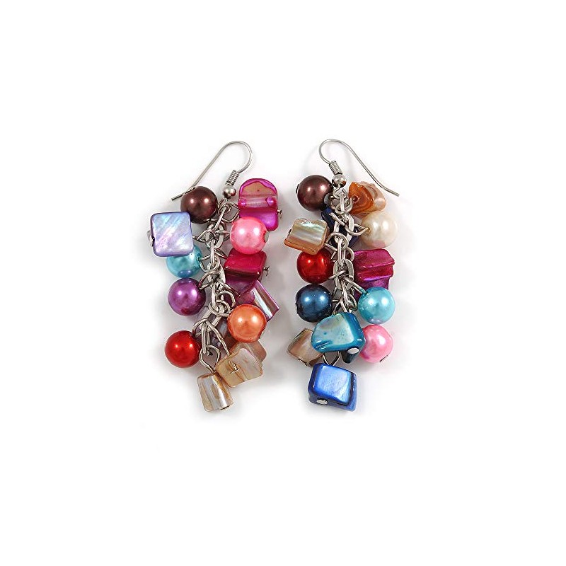 Multicoloured Glass Bead, Shell Nugget Cluster Dangle Earrings/Silver Tone/ 60mm