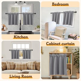 Pickluc Grey 100% Blackout Cafe Curtain 24 Inches Long, Linen Kitchen Curtain for Small Window Treatment in Bathroom, Basement, RVs, Rod Pocket 2 Panels, W30 X L24 Inch