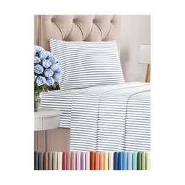 CGK Unlimited Twin XL Size 3 Piece Sheet Set - Comfy Breathable & Cooling Bed Sheets Set - Hotel Luxury Bedding for Women, Men, Kids & Teens - Deep Pockets, Easy-Fit, Soft & Wrinkle Free - Oeko-Tex - Blue Stripes