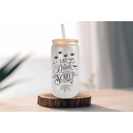 Mugzan Eat Drink and Be Scary Frosted Glass Can W/ Bamboo Lid 16 Oz Glass Cup by Mugzan