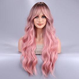 BERON Pink Wigs Long Wavy Women Wigs with Bangs Pink Ombre Curly Heat Resistant Synthetic Wigs for Daily Wig Cap Included