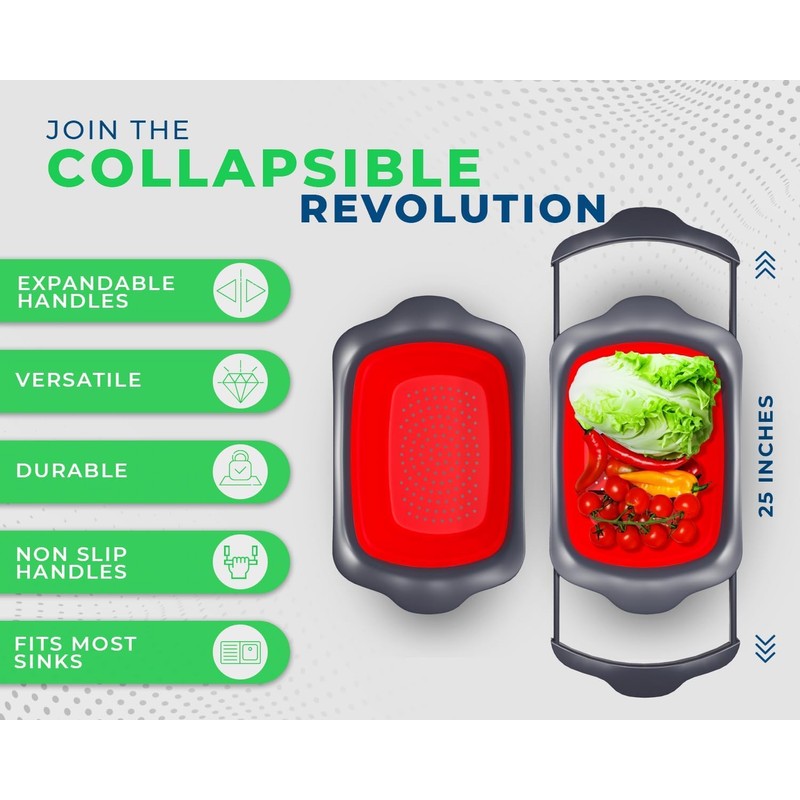 Comfify XL Large Kitchen Strainer - Collapsible Silicone Over-The-Sink Colander